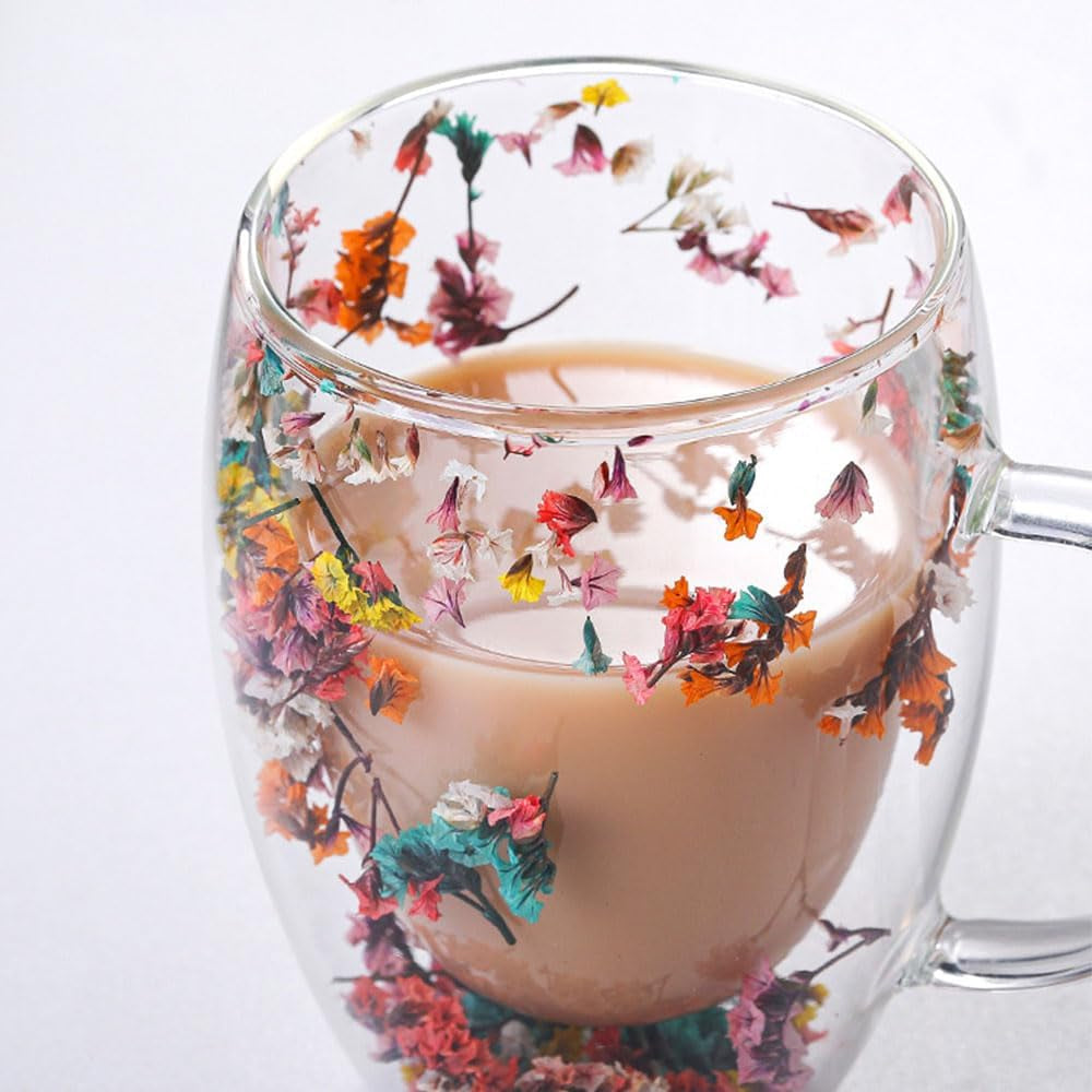 Flower Double Wall Clear Glass Coffee Mugs Creative Clear Glass Cups with Handle Flowers Double Insulated Glass Cup for Hot Cold Beverages Cappuccino Latte, Espresso Juice Glass Coffee Cups