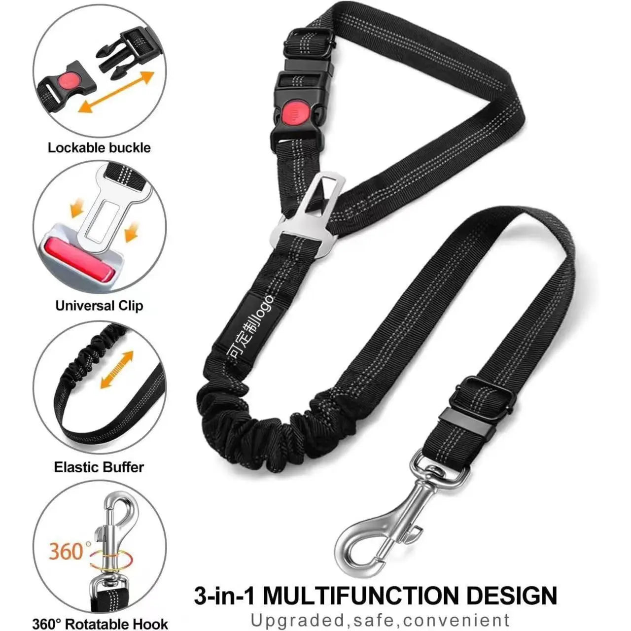 Upgraded Cushioned Dog Car Seat Belt, 3-In-1 Multifunctional Pet Car Safety Leash, Reflective Nylon Adjustable Car Pet Restraint Strap, 360° Rotating Metal Buckle, Fits All Car Models for Medium-Sized Dogs Interior Accessory