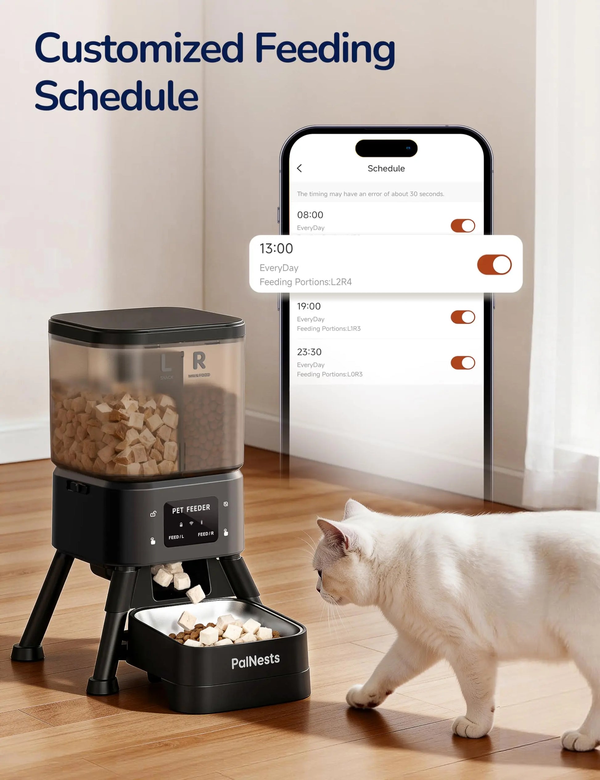 Palnests Dual-Cavity Smart Automatic Pet Feeder, 4L Dry Food Dispenser with Stainless Steel Bowls, 2.4Ghz & 5Ghz Wifi Sync, Airtight Fresh Lock, App Control, Personalized Feeding Plans, Dual Power Backup, Low Food Alerts for Cats & Small/Medium Dogs