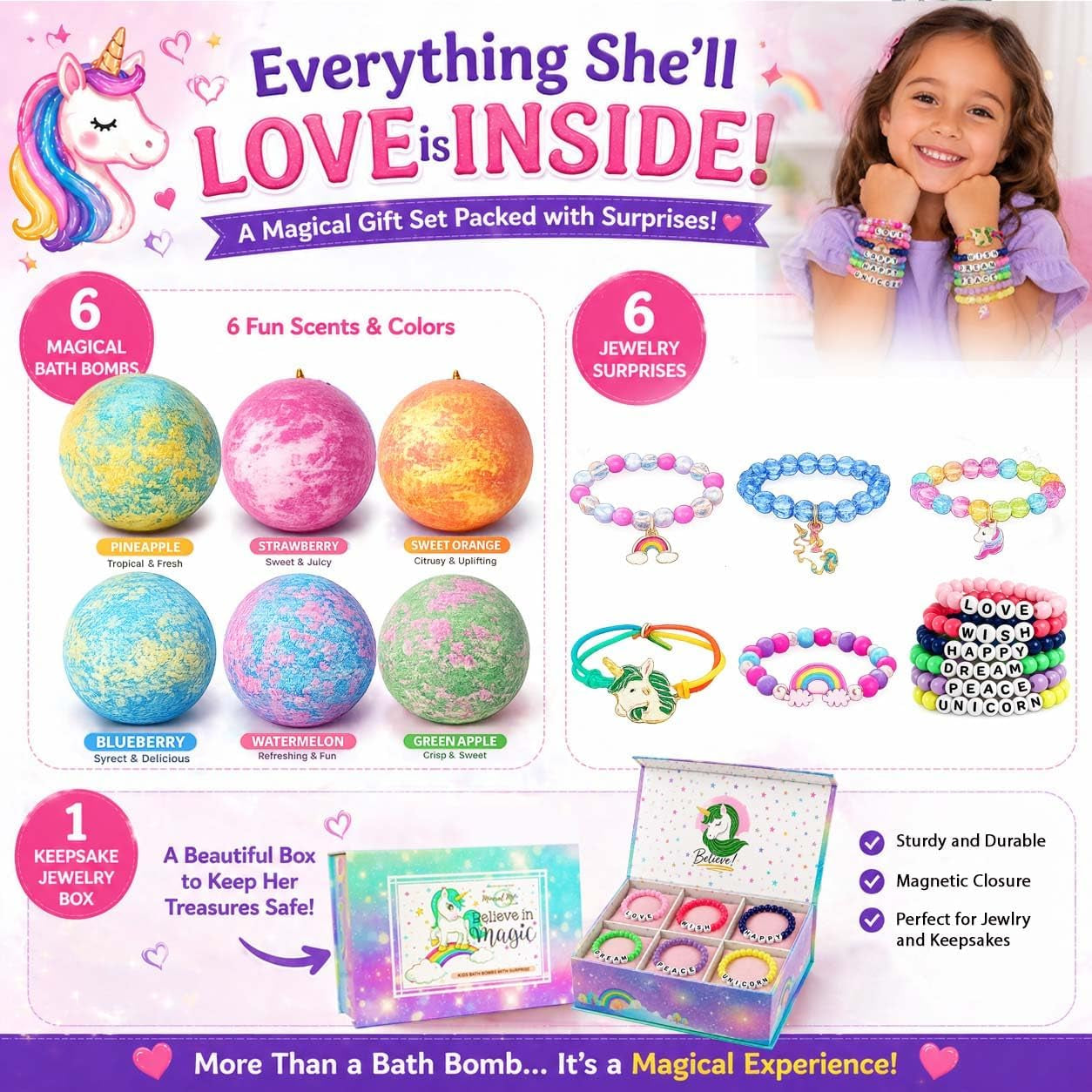 Bath Bombs for Kids with Surprise Inside, Unicorn Bath Bombs for Girls 6Pk