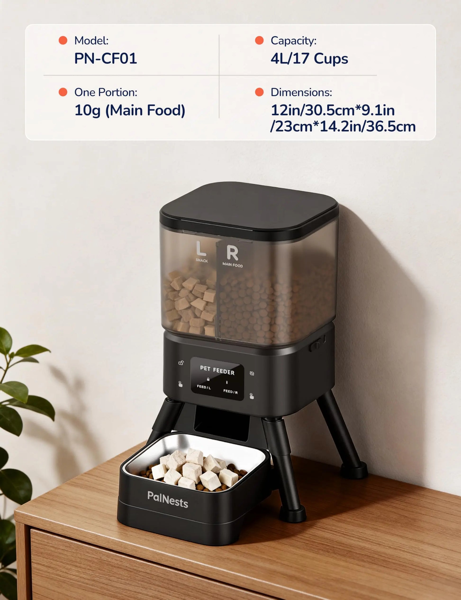 Palnests Dual-Cavity Smart Automatic Pet Feeder, 4L Dry Food Dispenser with Stainless Steel Bowls, 2.4Ghz & 5Ghz Wifi Sync, Airtight Fresh Lock, App Control, Personalized Feeding Plans, Dual Power Backup, Low Food Alerts for Cats & Small/Medium Dogs