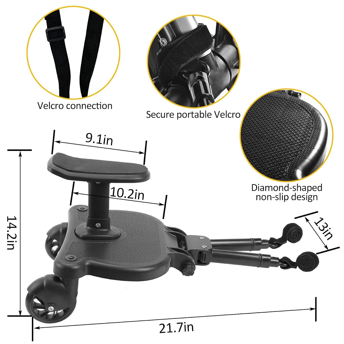 Universal Stroller Board with Detachable Seat, 2In1 Sit and Stand Stroller Glider Board for Most Strollers, Holds Children up to 55 Lbs Stroller Standing Board