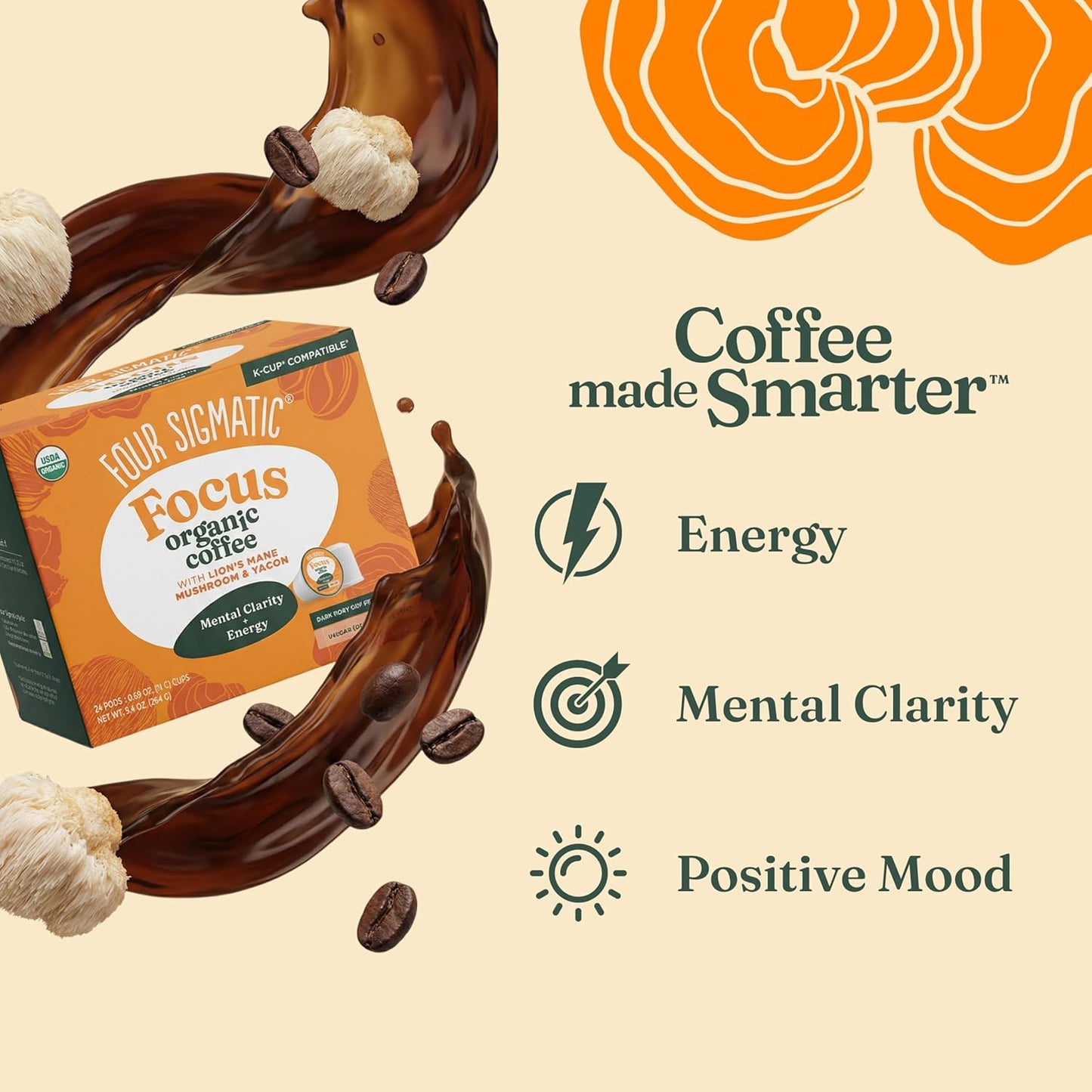 Four Sigmatic Mushroom Coffee K-Cups | Organic Dark Roast Coffee with Lion’S Mane Mushroom Powder & Yacon | Focus & Immune Support | Vegan & Keto | Sustainable Pods | 24 Count