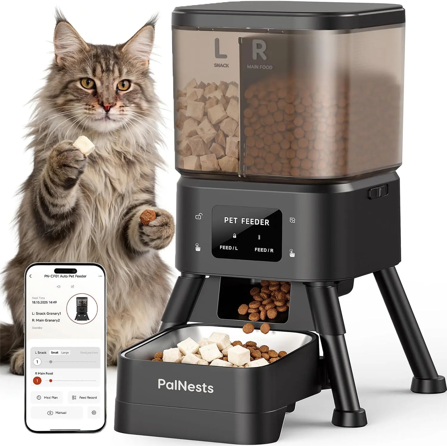 Palnests Dual-Cavity Smart Automatic Pet Feeder, 4L Dry Food Dispenser with Stainless Steel Bowls, 2.4Ghz & 5Ghz Wifi Sync, Airtight Fresh Lock, App Control, Personalized Feeding Plans, Dual Power Backup, Low Food Alerts for Cats & Small/Medium Dogs