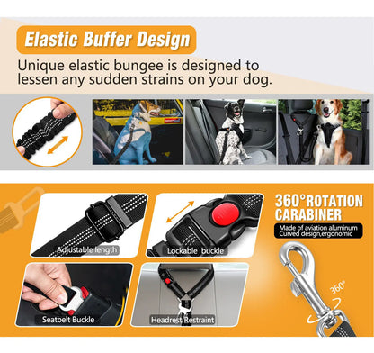 Upgraded Cushioned Dog Car Seat Belt, 3-In-1 Multifunctional Pet Car Safety Leash, Reflective Nylon Adjustable Car Pet Restraint Strap, 360° Rotating Metal Buckle, Fits All Car Models for Medium-Sized Dogs Interior Accessory