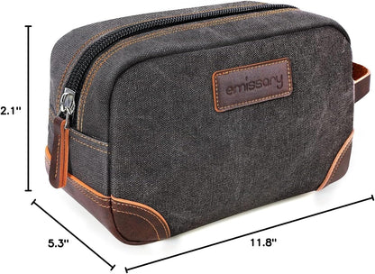 Men'S Canvas Travel Toiletry Bag, Leather Dopp Kit - Gray