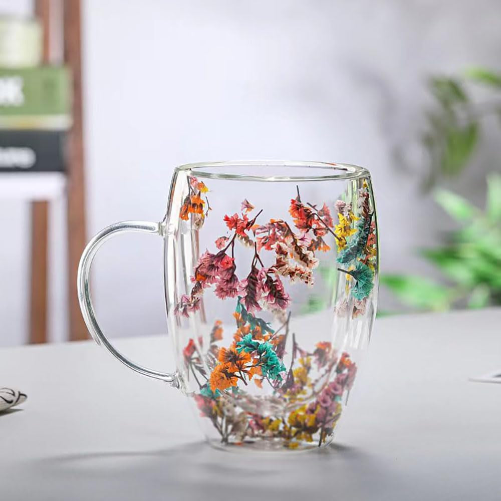 Flower Double Wall Clear Glass Coffee Mugs Creative Clear Glass Cups with Handle Flowers Double Insulated Glass Cup for Hot Cold Beverages Cappuccino Latte, Espresso Juice Glass Coffee Cups