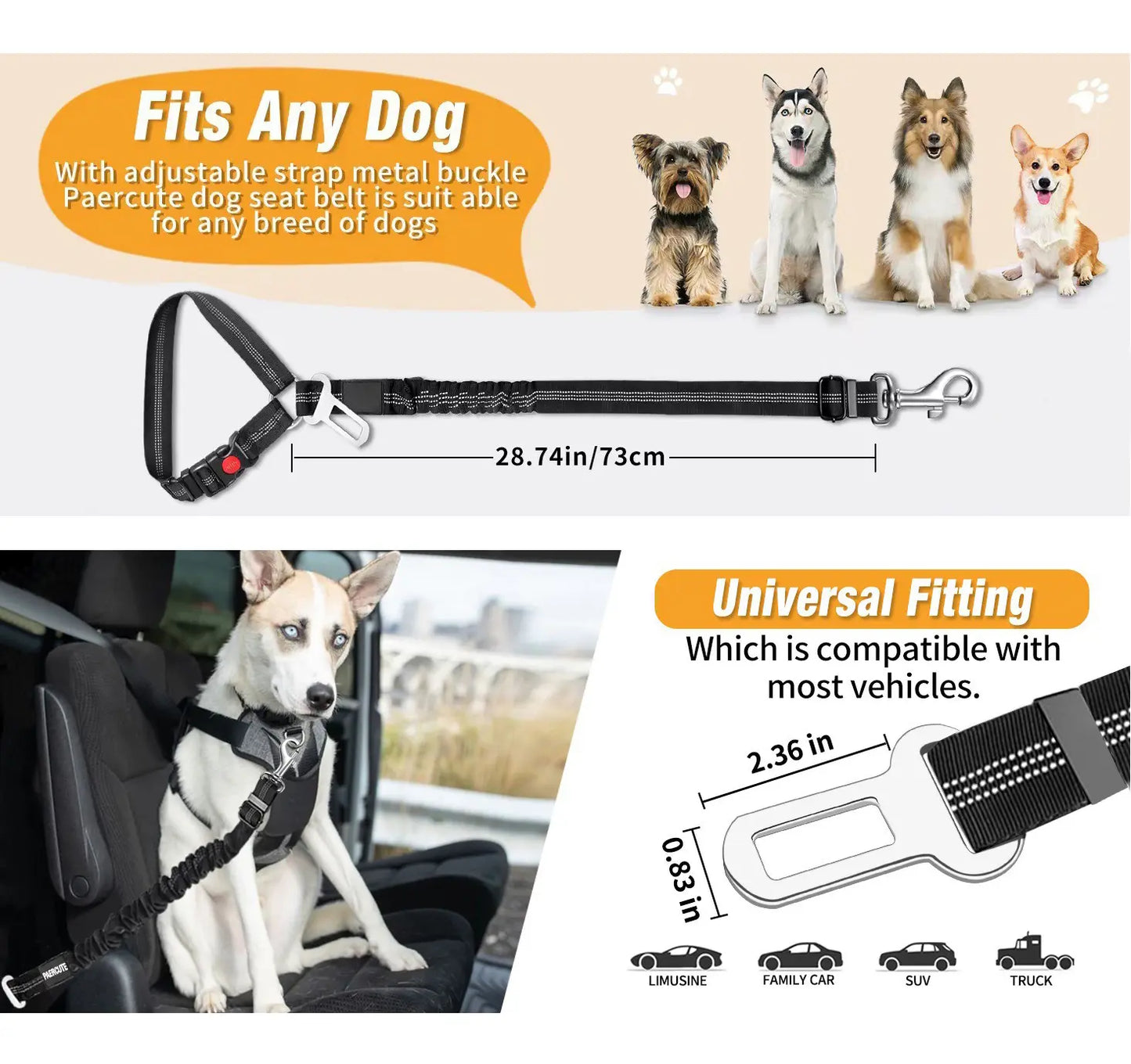 Upgraded Cushioned Dog Car Seat Belt, 3-In-1 Multifunctional Pet Car Safety Leash, Reflective Nylon Adjustable Car Pet Restraint Strap, 360° Rotating Metal Buckle, Fits All Car Models for Medium-Sized Dogs Interior Accessory