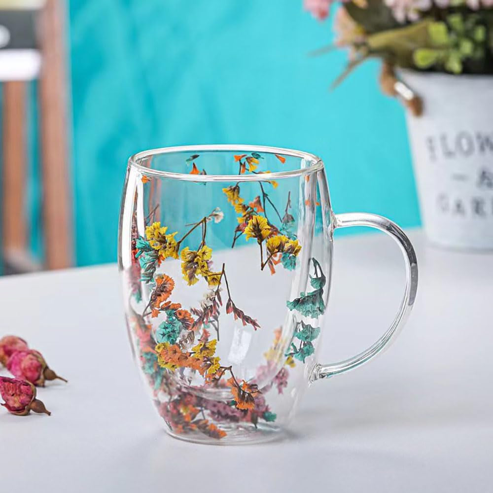 Flower Double Wall Clear Glass Coffee Mugs Creative Clear Glass Cups with Handle Flowers Double Insulated Glass Cup for Hot Cold Beverages Cappuccino Latte, Espresso Juice Glass Coffee Cups