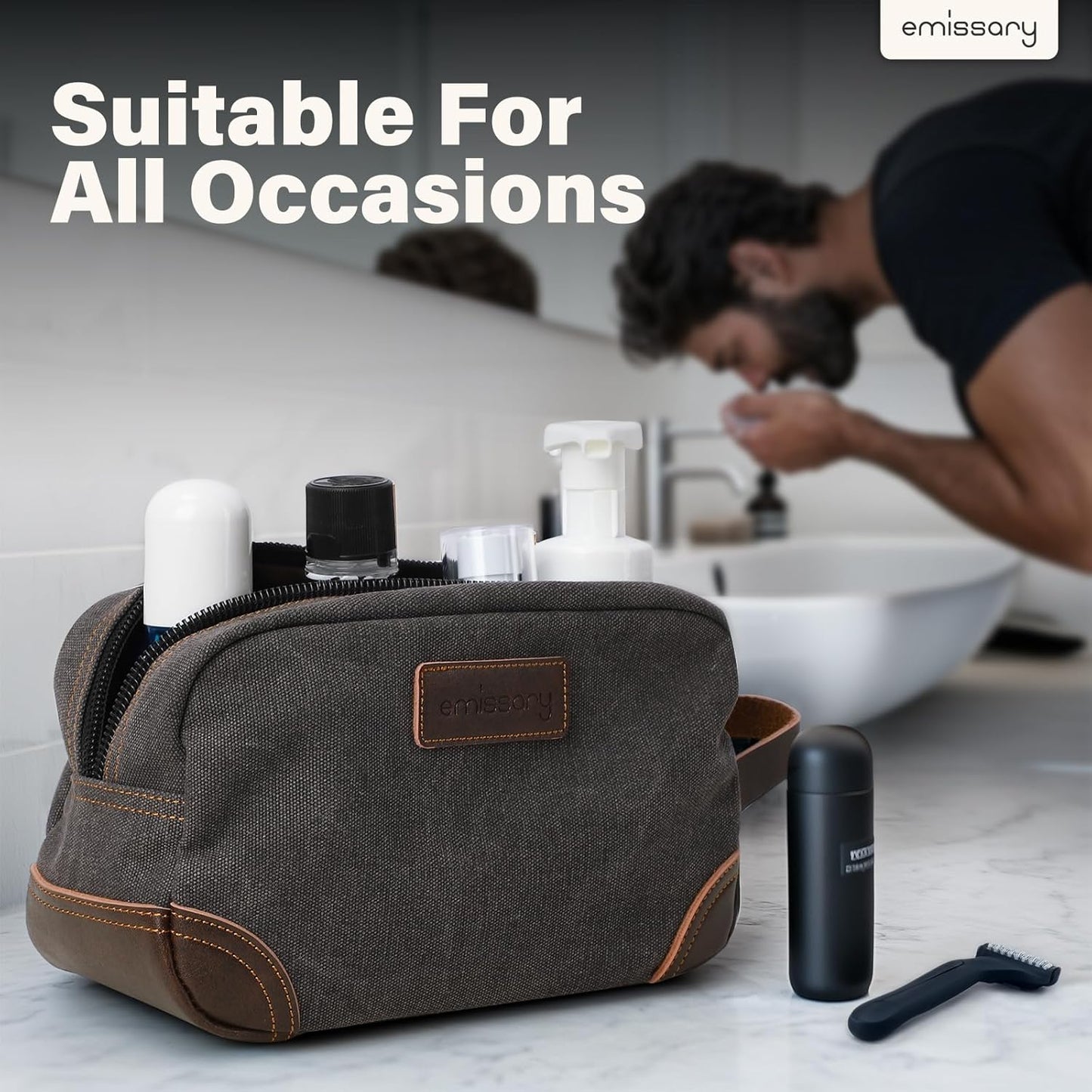 Men'S Canvas Travel Toiletry Bag, Leather Dopp Kit - Gray