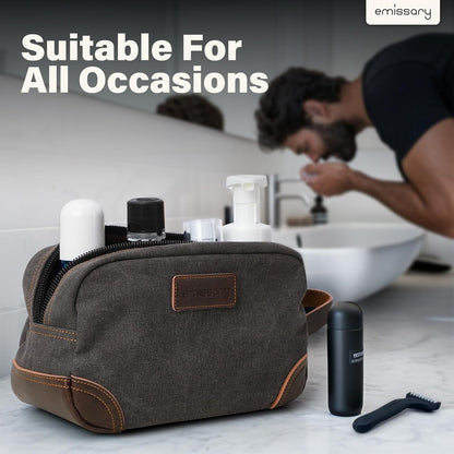 Men'S Canvas Travel Toiletry Bag, Leather Dopp Kit - Gray