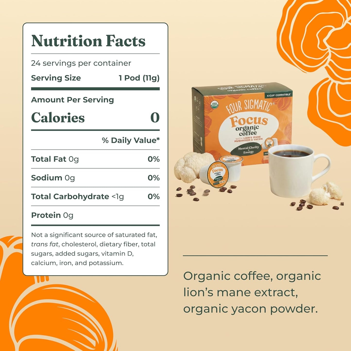 Four Sigmatic Mushroom Coffee K-Cups | Organic Dark Roast Coffee with Lion’S Mane Mushroom Powder & Yacon | Focus & Immune Support | Vegan & Keto | Sustainable Pods | 24 Count