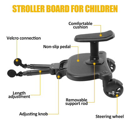 Universal Stroller Board with Detachable Seat, 2In1 Sit and Stand Stroller Glider Board for Most Strollers, Holds Children up to 55 Lbs Stroller Standing Board