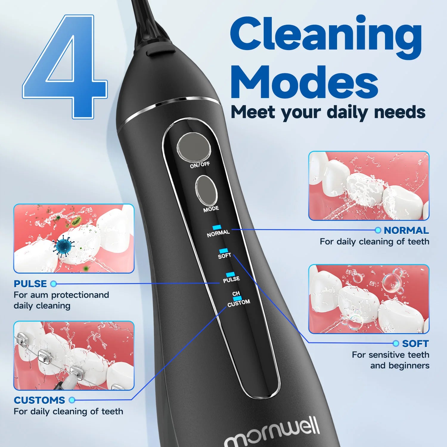 Experience Superior Oral Care with the Portable Cordless F18 Water Flosser - 4 Nozzles, 3 Cleaning Modes, and Rechargeable Convenience for Healthy Gums