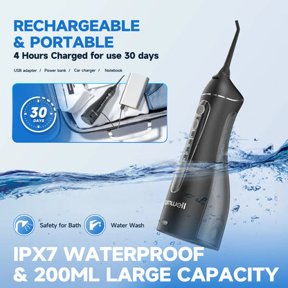 Experience Superior Oral Care with the Portable Cordless F18 Water Flosser - 4 Nozzles, 3 Cleaning Modes, and Rechargeable Convenience for Healthy Gums