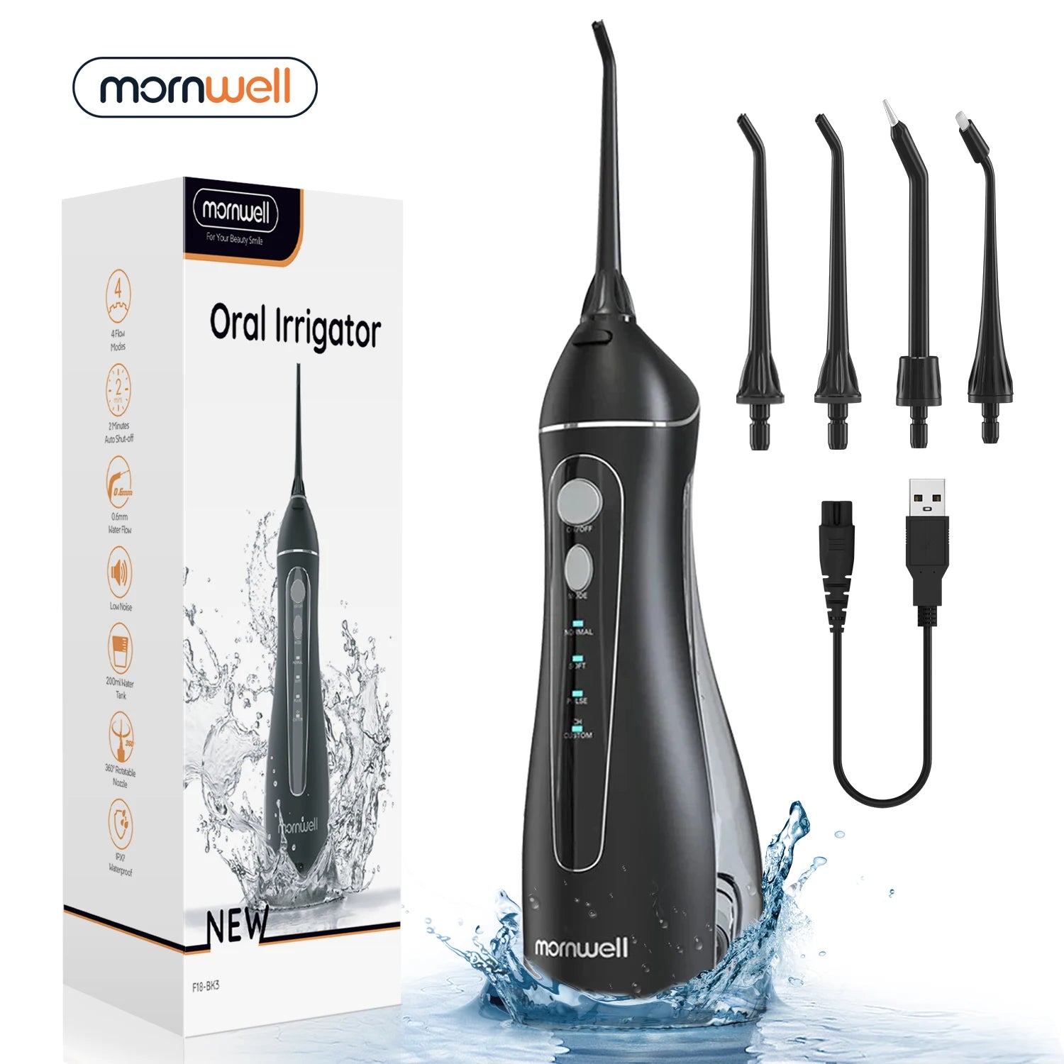 Experience Superior Oral Care with the Portable Cordless F18 Water Flosser - 4 Nozzles, 3 Cleaning Modes, and Rechargeable Convenience for Healthy Gums