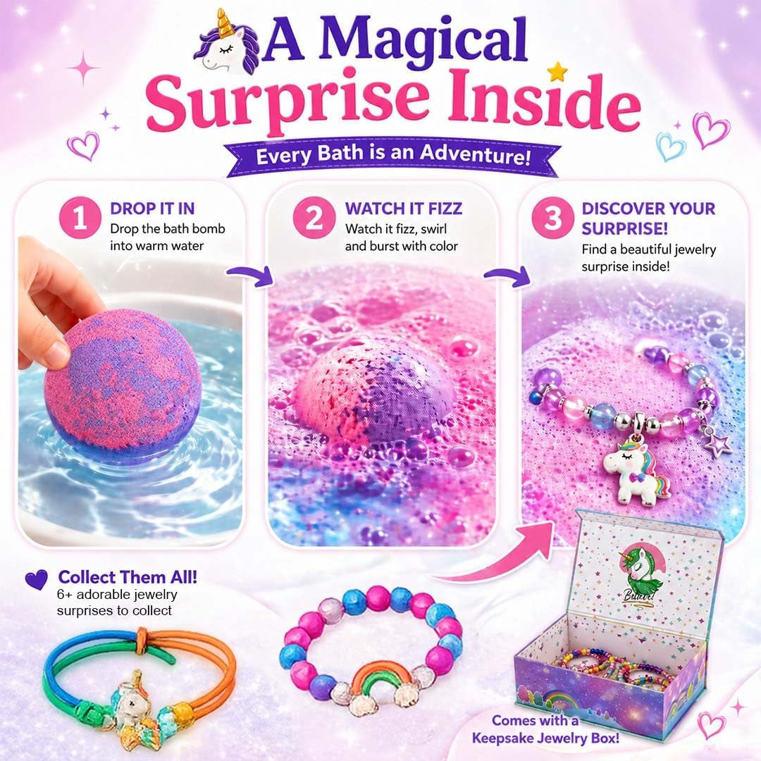 Bath Bombs for Kids with Surprise Inside, Unicorn Bath Bombs for Girls 6Pk