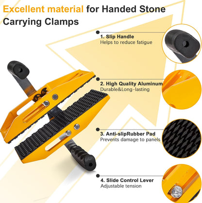 Double Handed Stone Carrying Clamps,Panel Carriers Lifting Tools,660 LBS Heavy Duty Carry Clamp for 0-2.36In Glass Quartz Slabs Marble with Rubber-Lined,Granite Lifting Clamp 2Pack Yellow