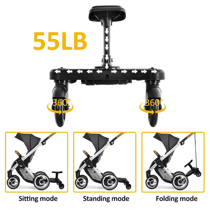 Universal Stroller Board with Detachable Seat, 2In1 Sit and Stand Stroller Glider Board for Most Strollers, Holds Children up to 55 Lbs Stroller Standing Board