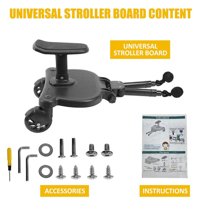 Universal Stroller Board with Detachable Seat, 2In1 Sit and Stand Stroller Glider Board for Most Strollers, Holds Children up to 55 Lbs Stroller Standing Board