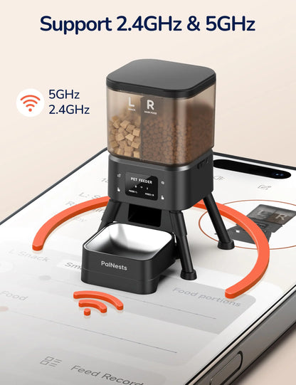 Palnests Dual-Cavity Smart Automatic Pet Feeder, 4L Dry Food Dispenser with Stainless Steel Bowls, 2.4Ghz & 5Ghz Wifi Sync, Airtight Fresh Lock, App Control, Personalized Feeding Plans, Dual Power Backup, Low Food Alerts for Cats & Small/Medium Dogs