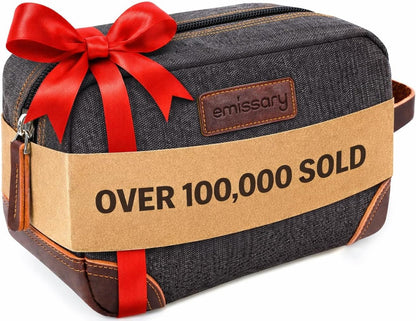 Men'S Canvas Travel Toiletry Bag, Leather Dopp Kit - Gray