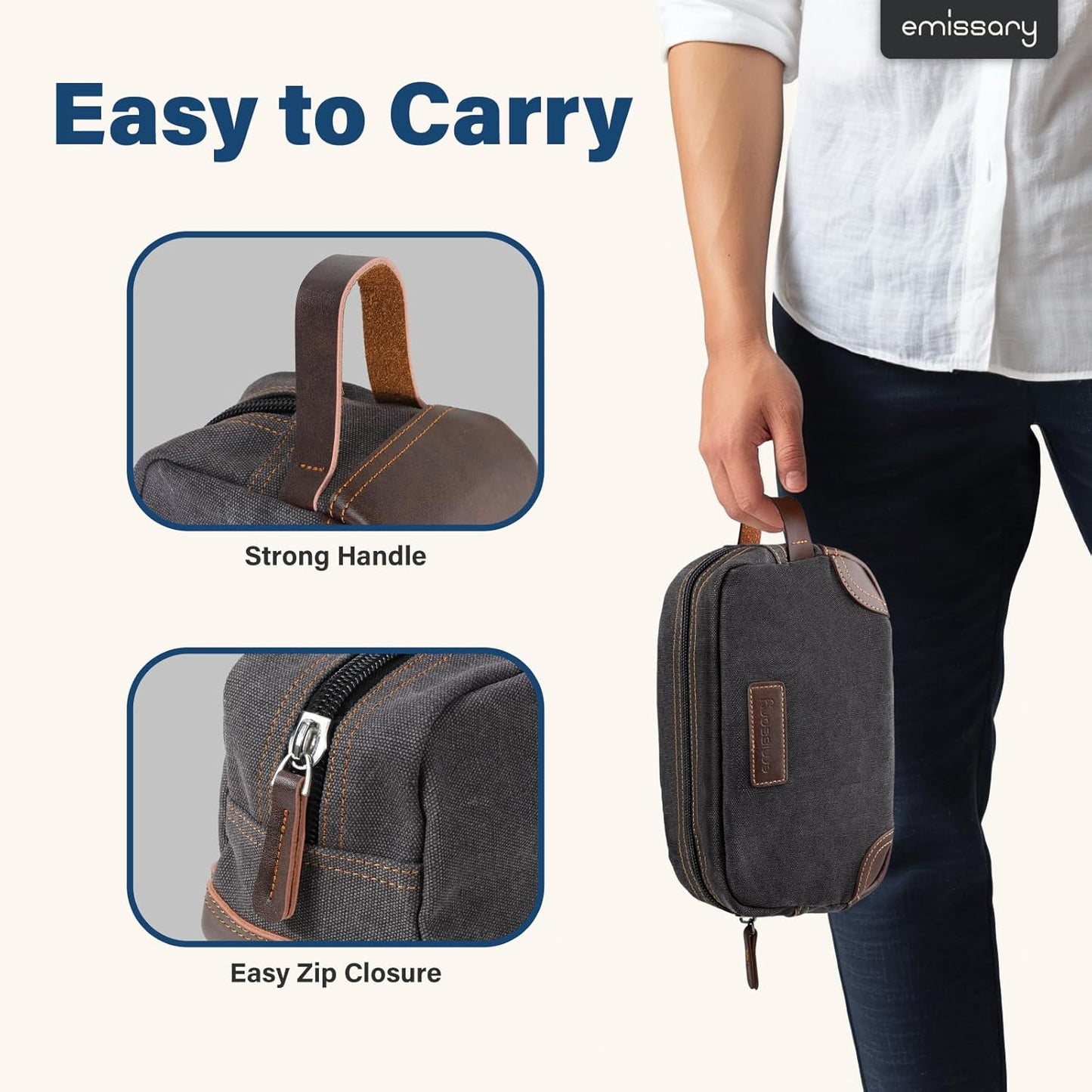 Men'S Canvas Travel Toiletry Bag, Leather Dopp Kit - Gray