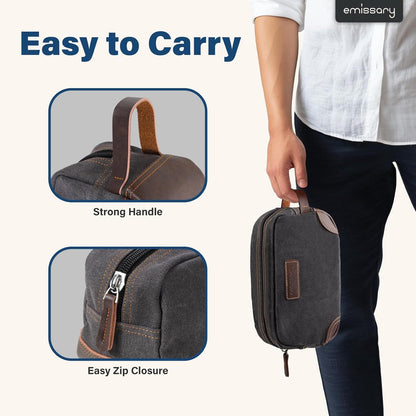Men'S Canvas Travel Toiletry Bag, Leather Dopp Kit - Gray