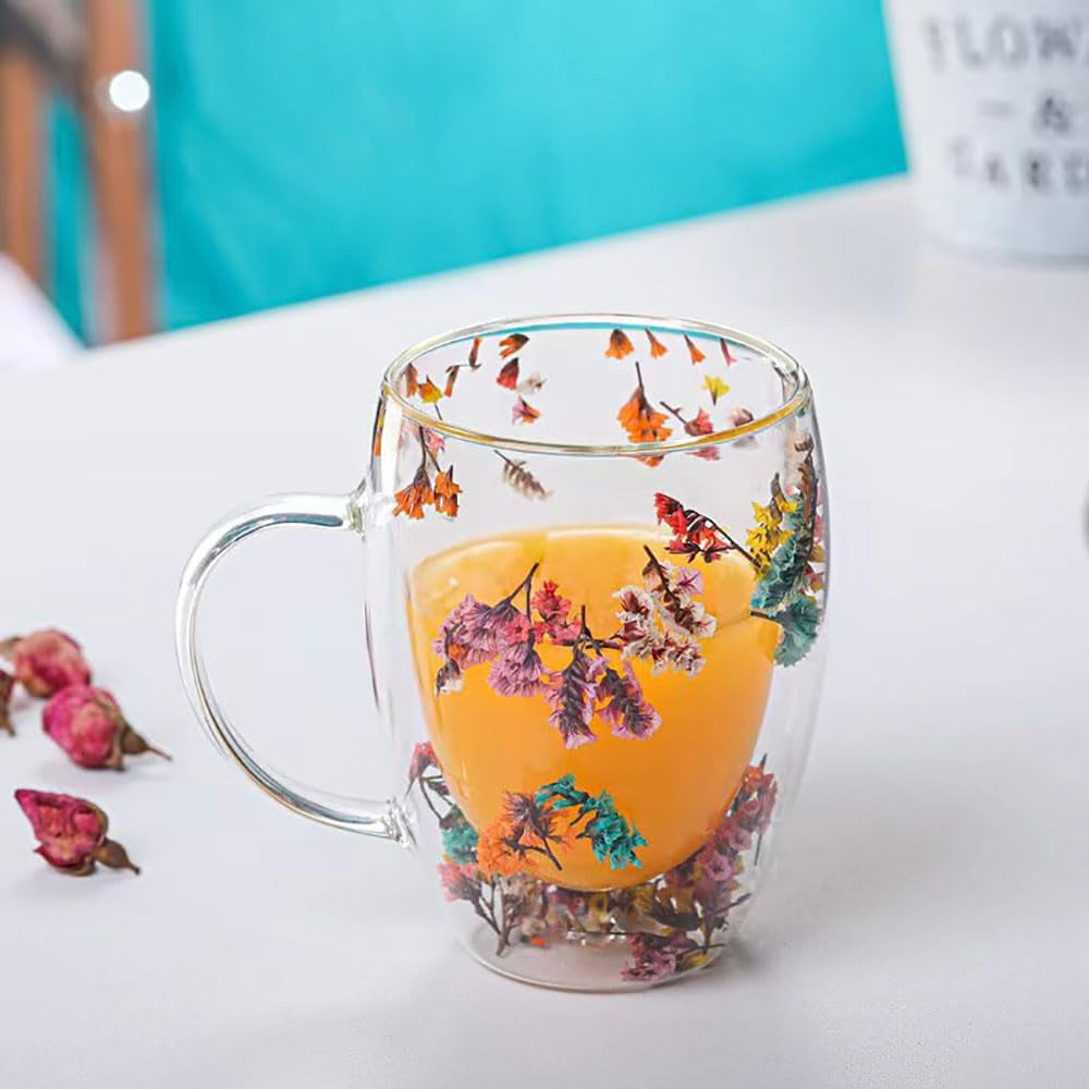 Flower Double Wall Clear Glass Coffee Mugs Creative Clear Glass Cups with Handle Flowers Double Insulated Glass Cup for Hot Cold Beverages Cappuccino Latte, Espresso Juice Glass Coffee Cups