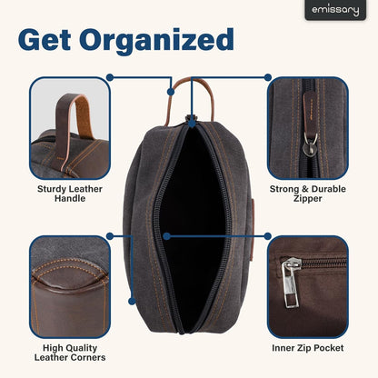 Men'S Canvas Travel Toiletry Bag, Leather Dopp Kit - Gray
