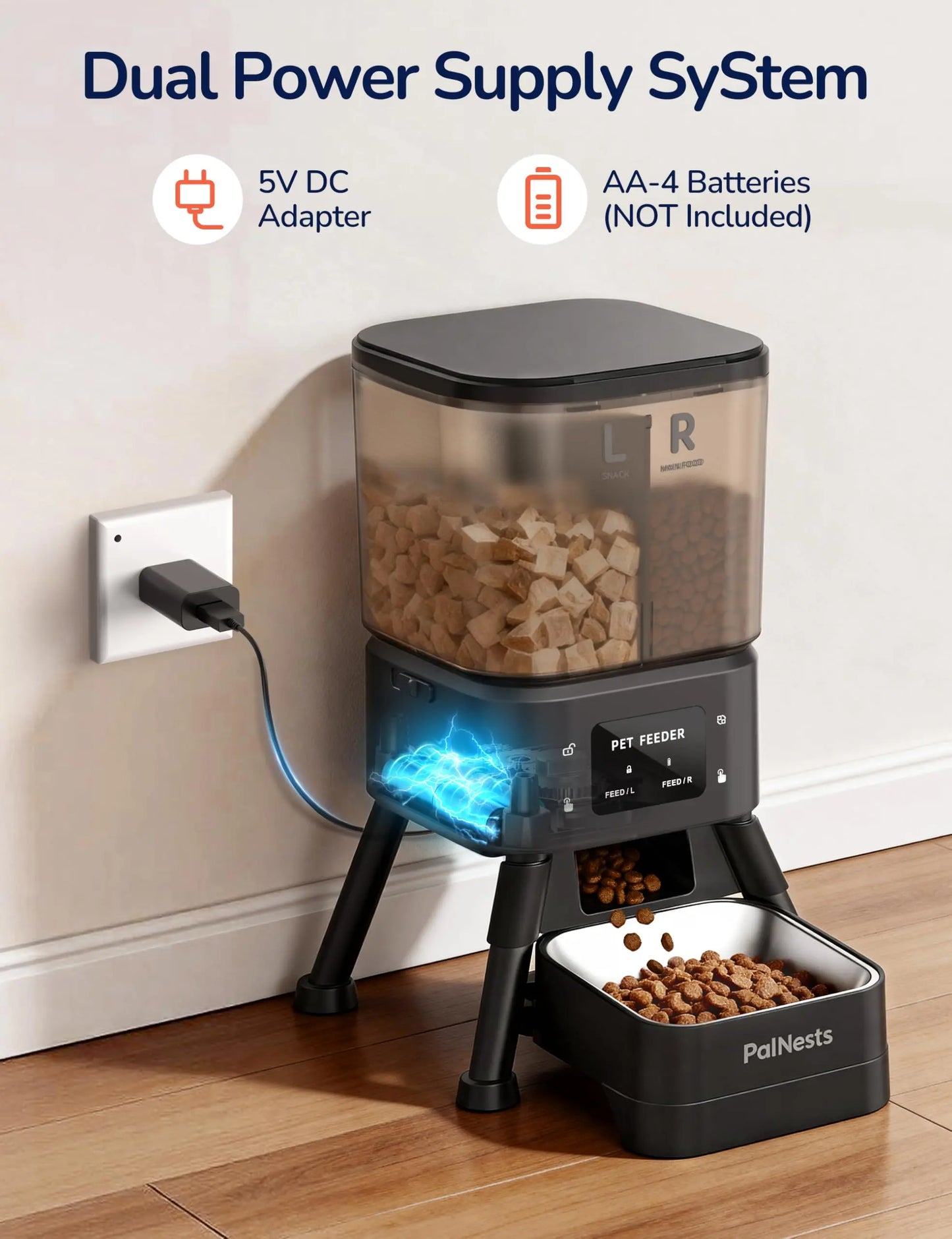 Palnests Dual-Cavity Smart Automatic Pet Feeder, 4L Dry Food Dispenser with Stainless Steel Bowls, 2.4Ghz & 5Ghz Wifi Sync, Airtight Fresh Lock, App Control, Personalized Feeding Plans, Dual Power Backup, Low Food Alerts for Cats & Small/Medium Dogs
