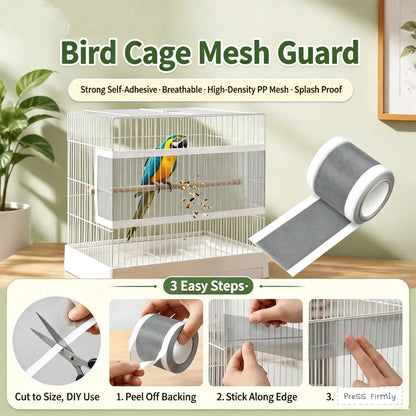 Self-Adhesive Bird Cage Seed Catcher Mesh Cover Up, Practical Flexible Fabric Grid Pattern Feed Guard, Durable Breathable Anti-Scatter Birdcage Repair Net for Small Birds